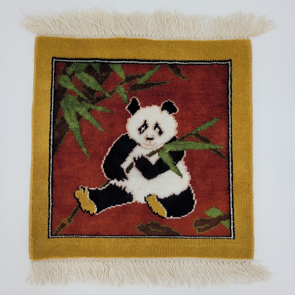 Wall Hanging Rug Tabletop Doll House Hand Knotted Panda Bear Bamboo Fringe 12X12